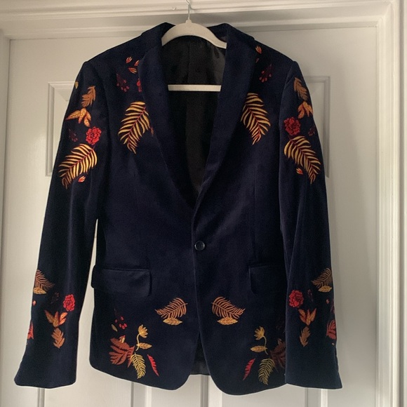 ASOS Men 2pc Blue Velvet Suit Personalized Floral Embroidered Lapel Designer - Picture 5 of 16